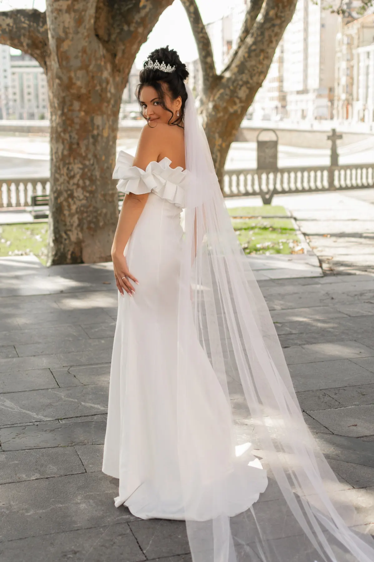 Retrato de novia con vestido y velo